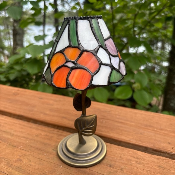 Vintage Tiffany Style Stained Glass Metal Base 8 1/2” Tea Light Candle Holder